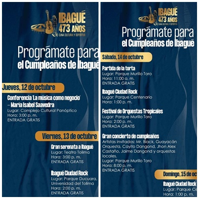 ¡Esta es la Agenda de   la celebración del cumpleaños de Ibagué!