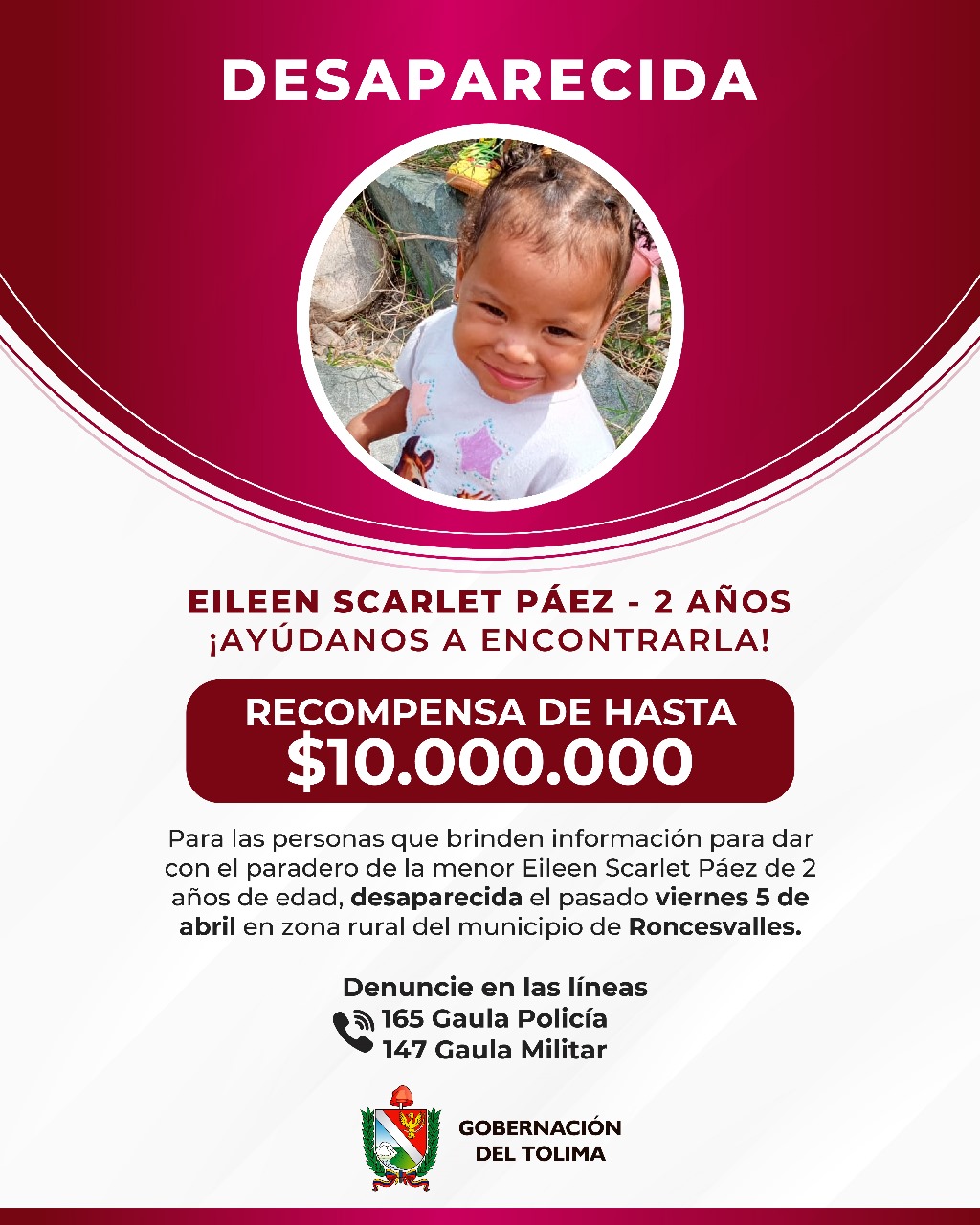 Gobernación del Tolima ofrece una recompensa de $10 millones por información que permita dar con el paradero de la niña desaparecida en Roncesvalles