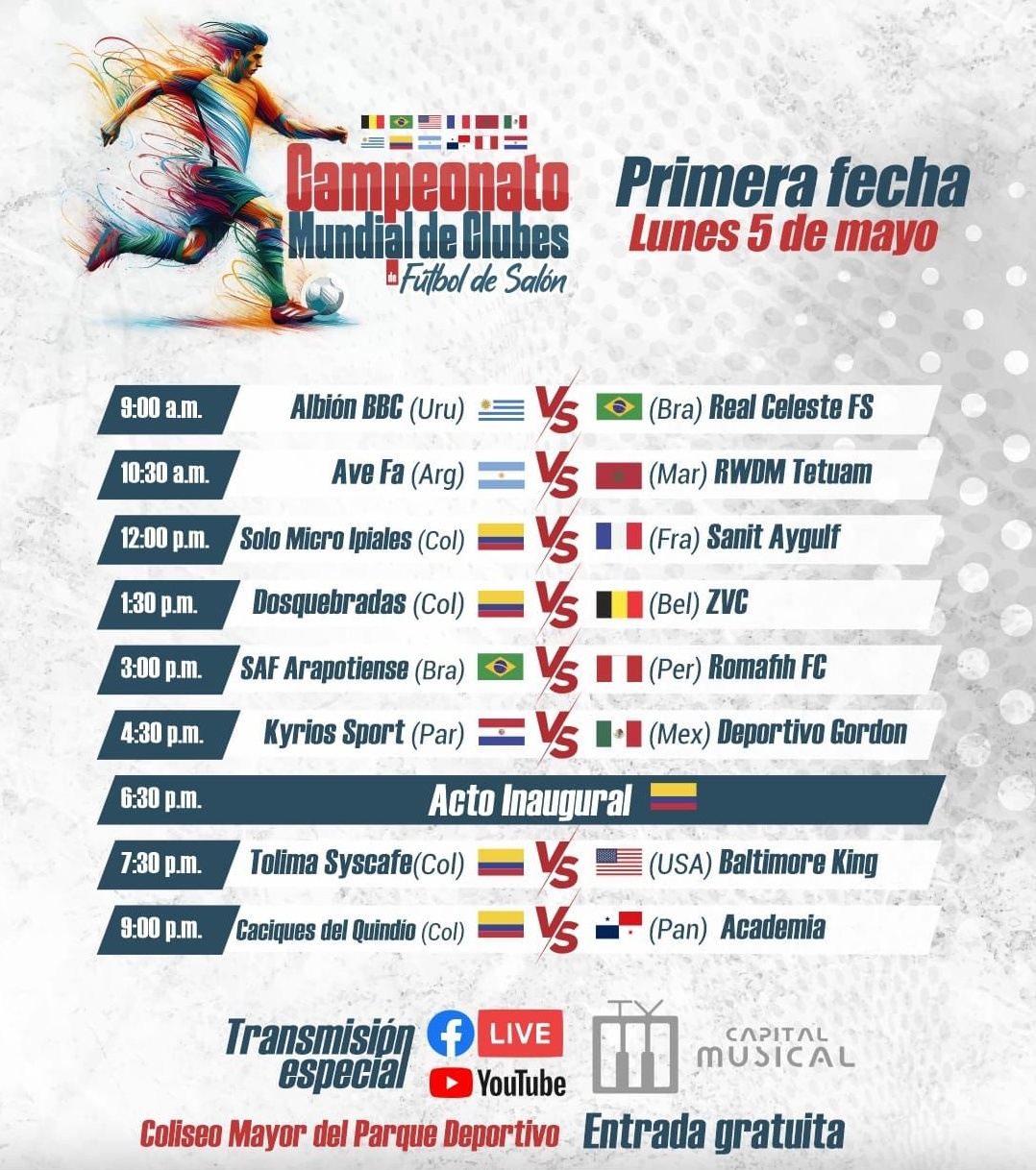 Definida la primera fecha del Campeonato Mundial de Fútbol de Salón Ibagué 2025